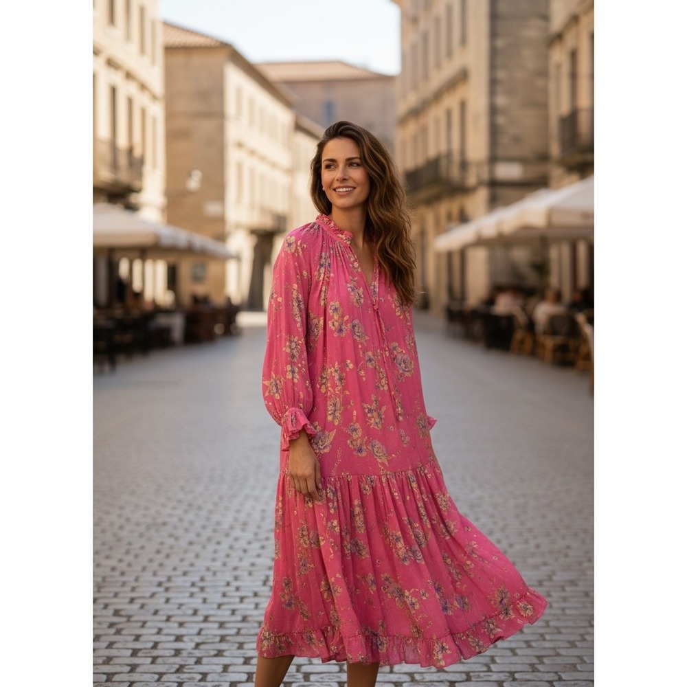 Free People Feeling Groovy Maxi Dress Pink Floral Gold Foil Metallic Boho Small